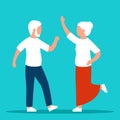 Old seniors are happy. Happy elderly retired couple man and woman. Relax, dance, enjoy. Vector illustration