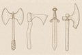 Old set of weapons - axes and sword. Hand drawn sketch on beige background Royalty Free Stock Photo