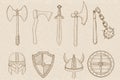 Old set of weapons and equipment. Hand drawn sketch on beige background Royalty Free Stock Photo