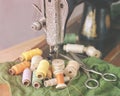 Old sewing machine, scissors and vintage spools of thread, closeup. Royalty Free Stock Photo