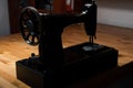 Old sewing machine on wooden table Royalty Free Stock Photo