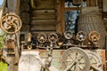 Old sewing and weaving machines tools log house Royalty Free Stock Photo