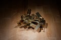 old brass sextant lying on wooden table