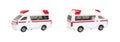 Old shabby ambulance cars model toy isolated on white background.