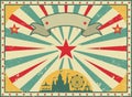 Old shabby American circus billboard in retro style. Vintage advertising poster with rays and aged background and ribbon