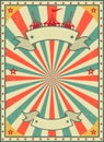 Old shabby American circus billboard in retro style. Vintage advertising poster with rays and aged background and ribbon Royalty Free Stock Photo