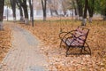 Late fall. An old shabby bench among the fallen leaves by the path on a fog