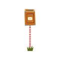 Old shabby mailbox hanging on striped pole. Mailbox standing on piece of green grass. Cartoon flat vector design for web