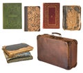 Old shabby vintage suitcase and books isolated on white background. Retro style Royalty Free Stock Photo