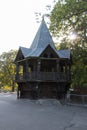 Old shabby wooden buildings in a fairy style in the Kaliningrad zoo, Russia Royalty Free Stock Photo