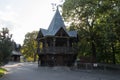 Old shabby wooden buildings in a fairy style in the Kaliningrad zoo, Russia Royalty Free Stock Photo