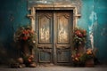 old shabby wooden door with flowers on a cracked blue wall