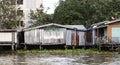 Old shacks, poor neighborhoods on the water of the river. Thailand Bangkok.