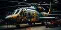 Old shattered combat helicopter being repaired. Aircraft vehicle maintenance in the hangar. Generative AI Royalty Free Stock Photo