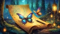 old sheet of paper with pen and butterfly fairy tale background Royalty Free Stock Photo