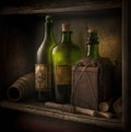 An old shelf with old bottles of wine on it. Created with Generative AI Royalty Free Stock Photo