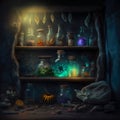 An old shelf with magic objects, potions and dried herbs. Created with Generative AI