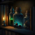 An old shelf with magic objects, potions, some magical books and a lit candle on it . Created with Generative AI