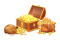 Old Shiny Treasures in Wooden Chest and Silk Sacks Royalty Free Stock Photo