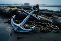 Old ship anchor on blue marine background. Generate ai Royalty Free Stock Photo