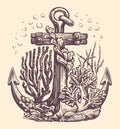 Old ship anchor drawn in vintage engraving style. Marine concept. Sketch vector illustration Royalty Free Stock Photo