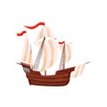 Old ship with big beige sails and red flags. Wooden sailing boat. Marine transport. Sea travel theme. Flat vector design Royalty Free Stock Photo