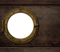 Old ship or boat porthole on wooden wall Royalty Free Stock Photo