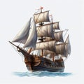 Old ship, floating on water, digital imaging, renaissance, sailing ship, white background