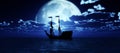 old ship full moon, 3d render Royalty Free Stock Photo