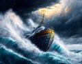 Old ship in a huge wave by strom - Generative AI