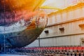 Old ship moored in floating dock in shipyard. Royalty Free Stock Photo