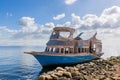 Old ship near stony shore floating in sea water near rocky coast against cloudy sky Royalty Free Stock Photo