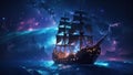 An old ship with sails sailing into the sea against the backdrop of a beautiful night sky Royalty Free Stock Photo