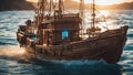 old ship in the sea A fantasy fishing boat in a calm sea, with sun, and a blue lantern lighting the cabin