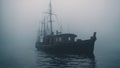 old ship in the sea A haunted boat drifting on a dark and foggy sea,
