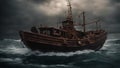 old ship in the sea A scary fishing boat in a sea of blood, with storm The boat is made of wood Royalty Free Stock Photo