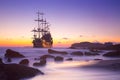 Old ship silhouette in sunset scenery Royalty Free Stock Photo