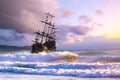 Old ship silhouette in sunset scenery Royalty Free Stock Photo