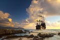 Old ship silhouette in sunset scenery Royalty Free Stock Photo