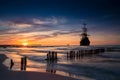 Old ship silhouette in sunset scenery Royalty Free Stock Photo