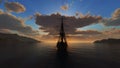 Old ship sunset at sea 3d rendering Royalty Free Stock Photo