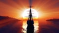 Old ship sunset at sea 3d rendering Royalty Free Stock Photo