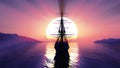 Old ship sunset at sea 3d rendering Royalty Free Stock Photo