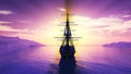 old ship sunset at sea 3d rendering Royalty Free Stock Photo