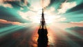 old ship sunset at sea 3d rendering Royalty Free Stock Photo