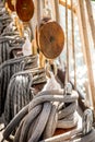 Old ship tackles. Old sailing ship vessel. Background Royalty Free Stock Photo