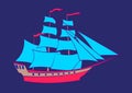 Old ship. Vector cartoon vintage sailboat illustration isolated on blue background. Toy for boy