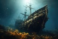 Old ship wreck in deep blue sea. Underwater landscape. 3d render, sunken tall ship, AI Generated