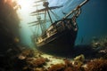 Old ship wreck in the sea with coral reef in the background, sunken tall ship, AI Generated