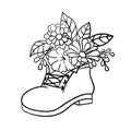 An old shoe with flowers. Illustration in outline style. Floral boot Royalty Free Stock Photo